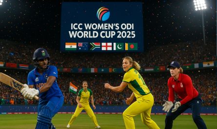 Women’s ODI World Cup 2025 players from India, Australia, and England in action under lights with full stadium crowd during ICC tournament.