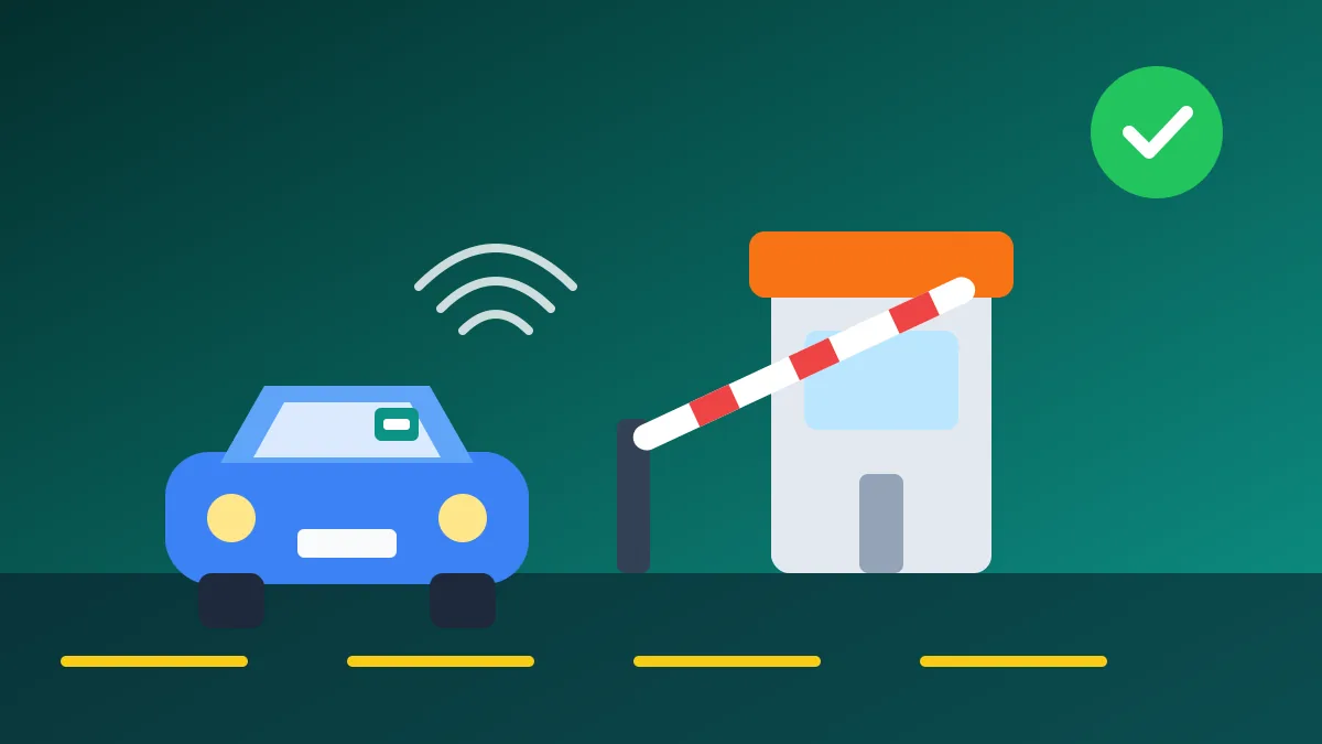 FASTag recharge illustration showing a car passing a toll plaza barrier