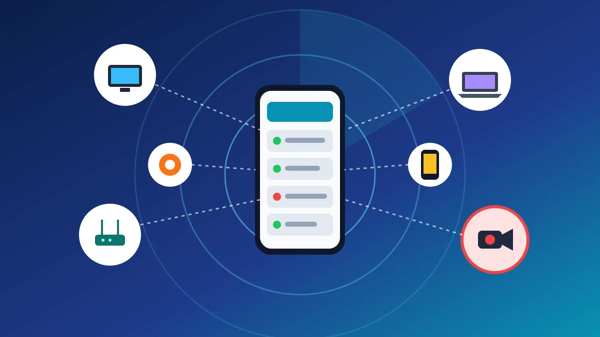 Fing app scanning a Wi-Fi network and showing connected devices like TV, laptop, phone and camera